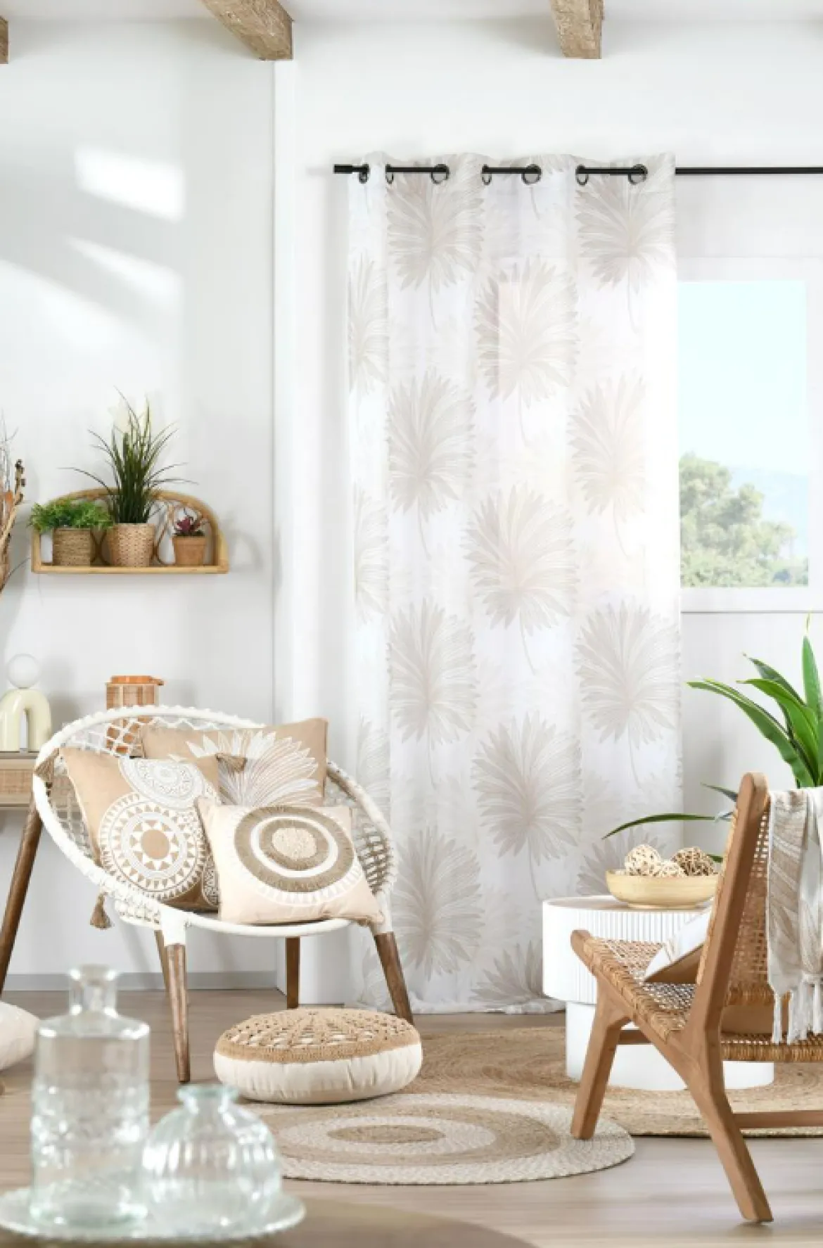 Vorhang Ösenvorhang Voile Ornamente Palmenblätter weiß natur 140x260cm