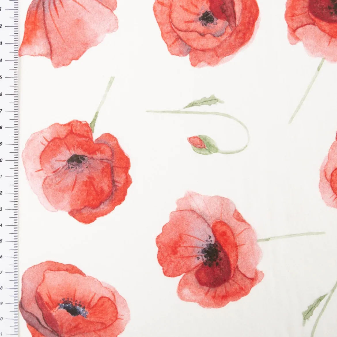 Vorhangstoff Baumwollstoff Popeline Watercolour Poppy Mohnblumen vanille rot 1,40m Breite