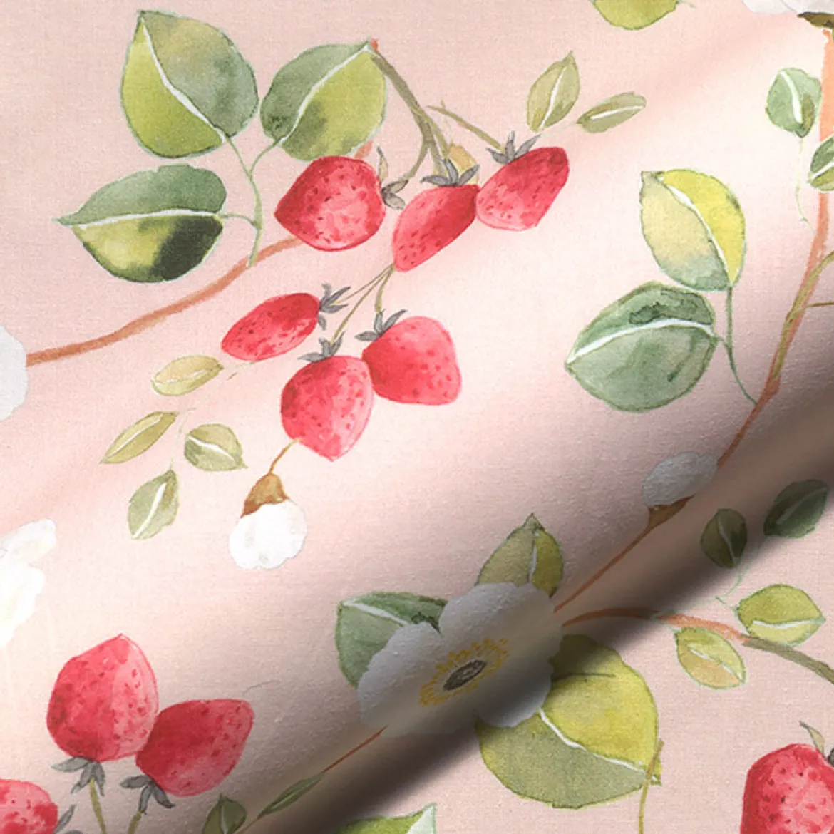 Vorhangstoff Baumwollstoff Popeline Erbeeren Blüten Digitaldruck rosa grün 1,40m Breite