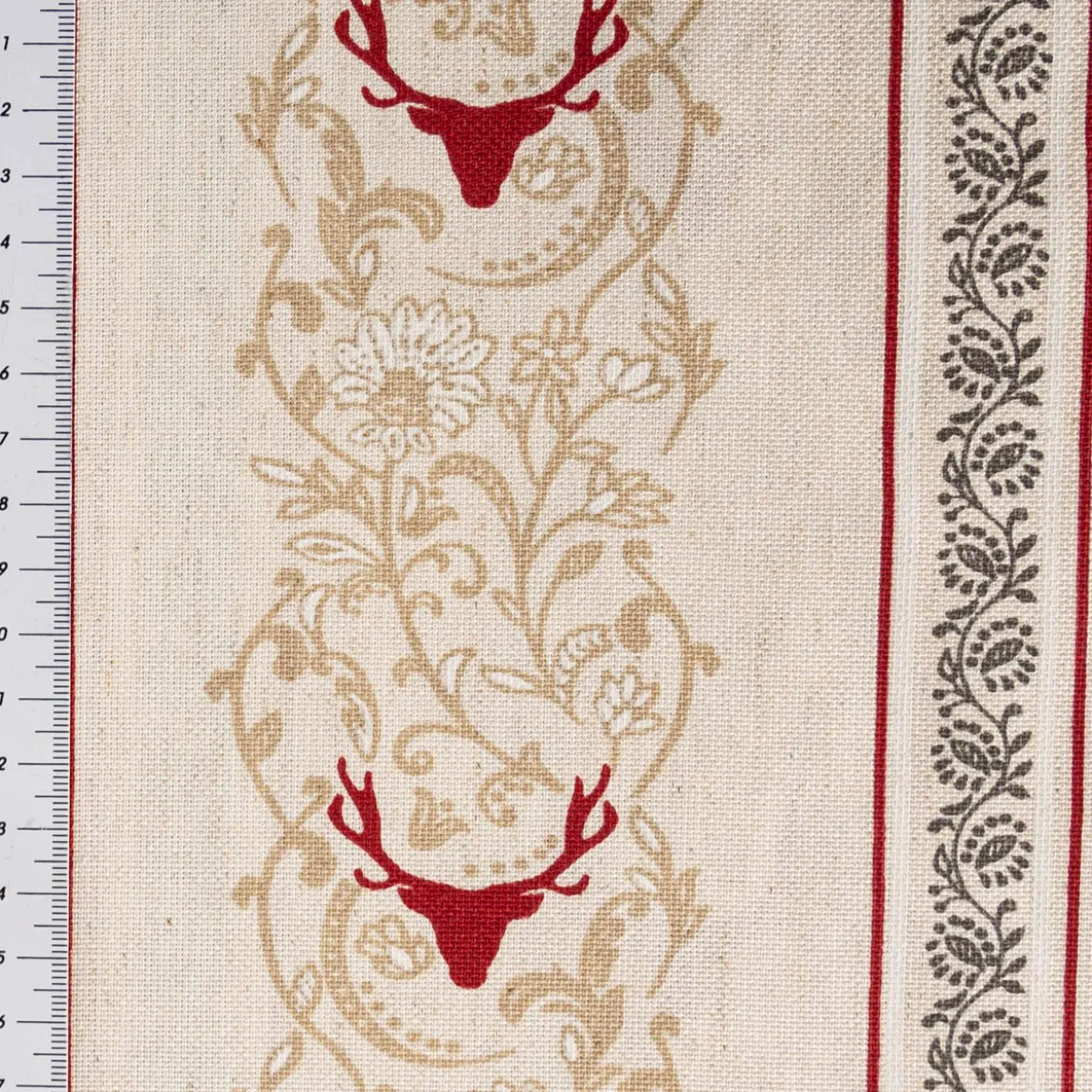 Vorhangstoff Dekostoff Pedro Hirschkopf Ornamente Streifen Leinenoptik natur rot 1,6m Breite