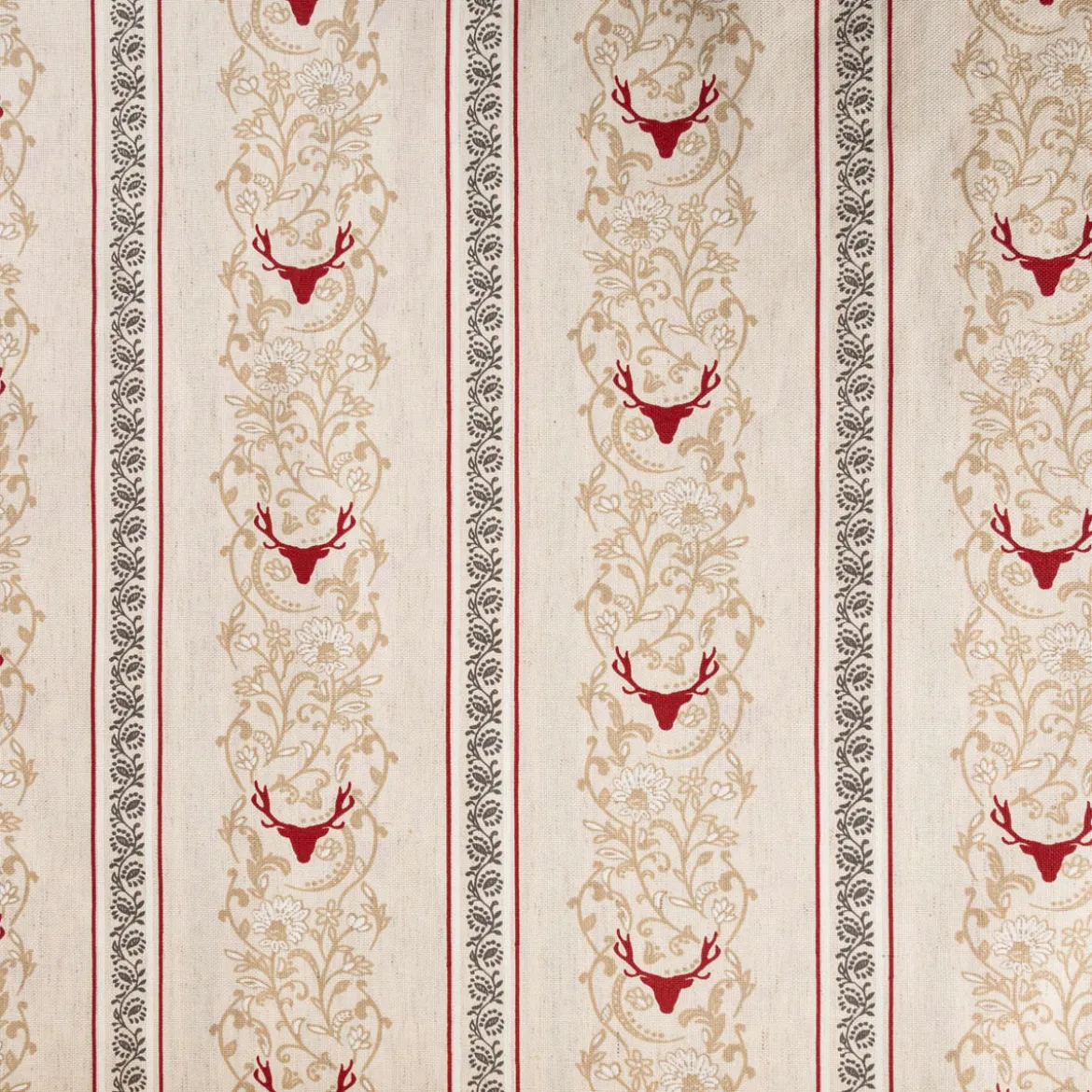 Vorhangstoff Dekostoff Pedro Hirschkopf Ornamente Streifen Leinenoptik natur rot 1,6m Breite