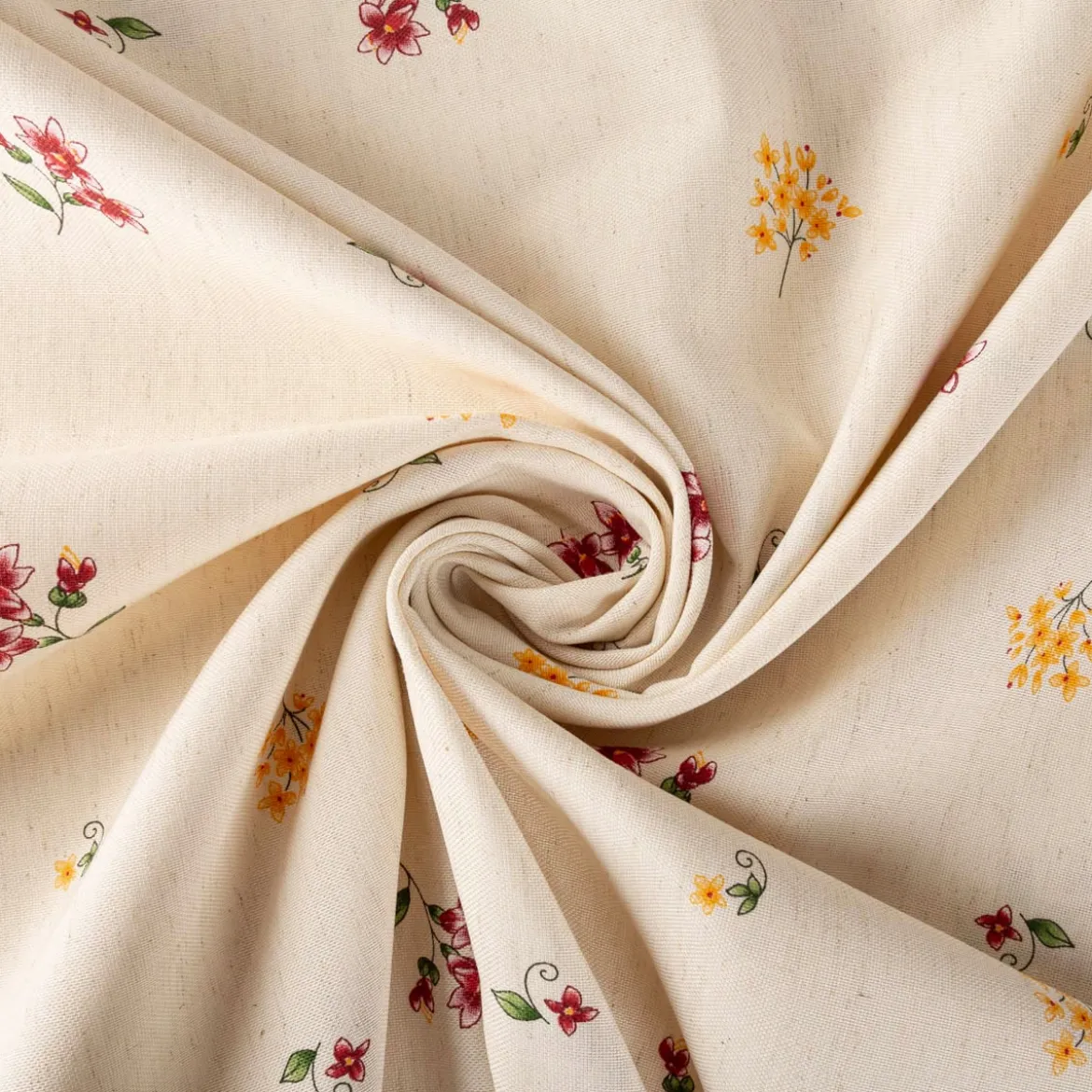 Vorhangstoff Dekostoff Vinschgau Blumen Leinenoptik natur rot gelb 1,6m Breite