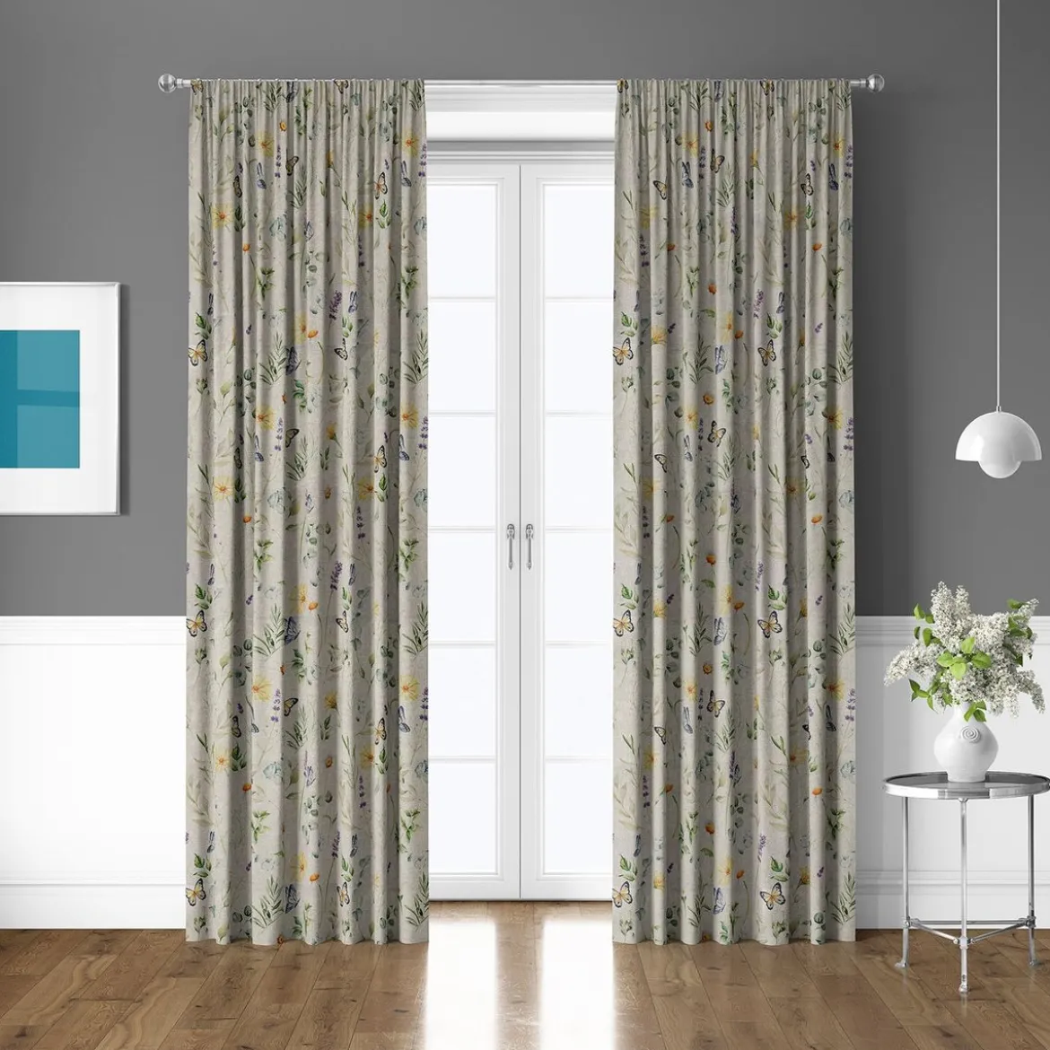 Vorhangstoff Leinenoptik Blumen Schmetterlinge Digitaldruck natur bunt 1,40m Breite