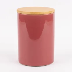 Vorratsdose aus Porzellan mit Bambusdeckel mit Liebe gebacken Schleife rot gold weiß 11x16cm von La Vida
