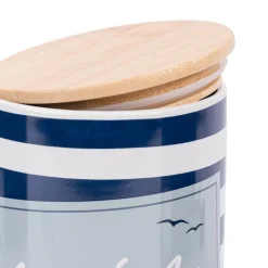 Vorratsdose aus Porzellan mit Bambusdeckel Moin Möwen Streifen blau weiß 11x16cm von La Vida