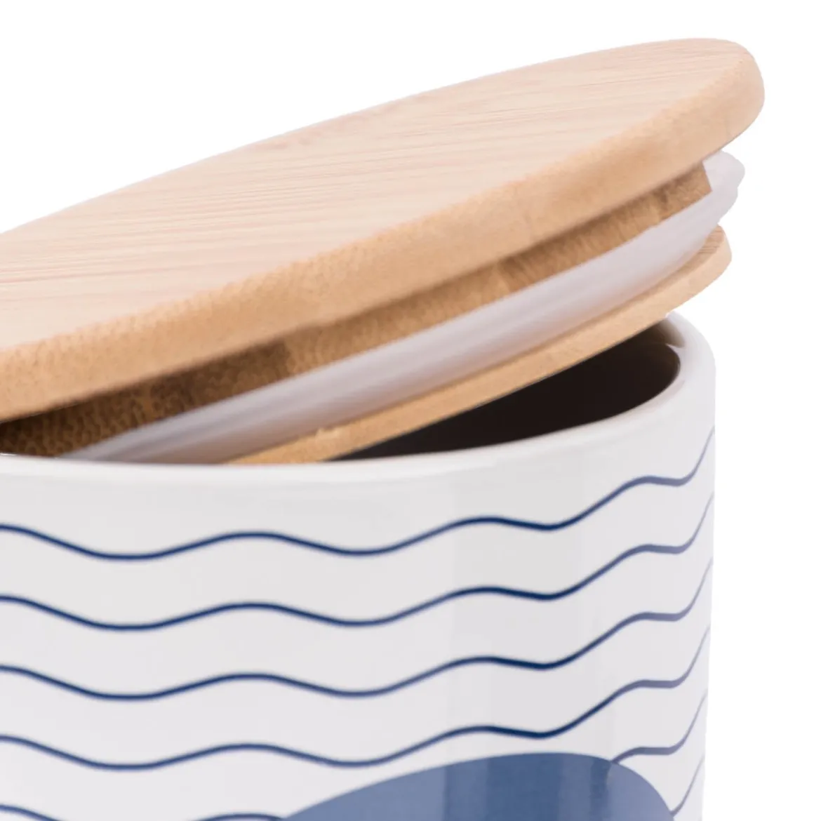 Vorratsdose aus Porzellan mit Bambusdeckel Glück ahoi Schiff Wellenlinien blau weiß 11x16cm von La Vida