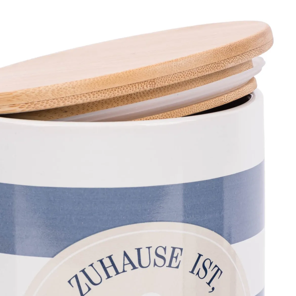 Vorratsdose aus Porzellan mit Bambusdeckel Zuhause ist wo der Anker fällt Streifen Anker blau beige weiß 11x16cm von La Vida