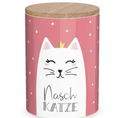 Vorratsdose aus Porzellan mit Bambusdeckel Naschkatze rosa 11x16cm von La Vida