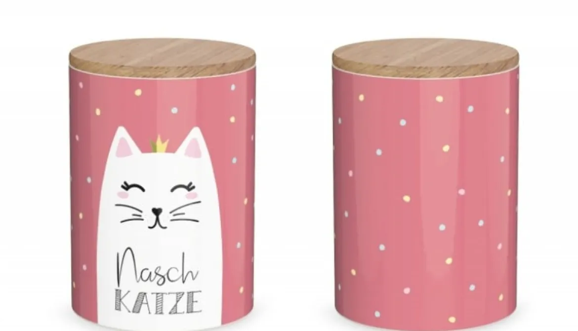 Vorratsdose aus Porzellan mit Bambusdeckel Naschkatze rosa 11x16cm von La Vida