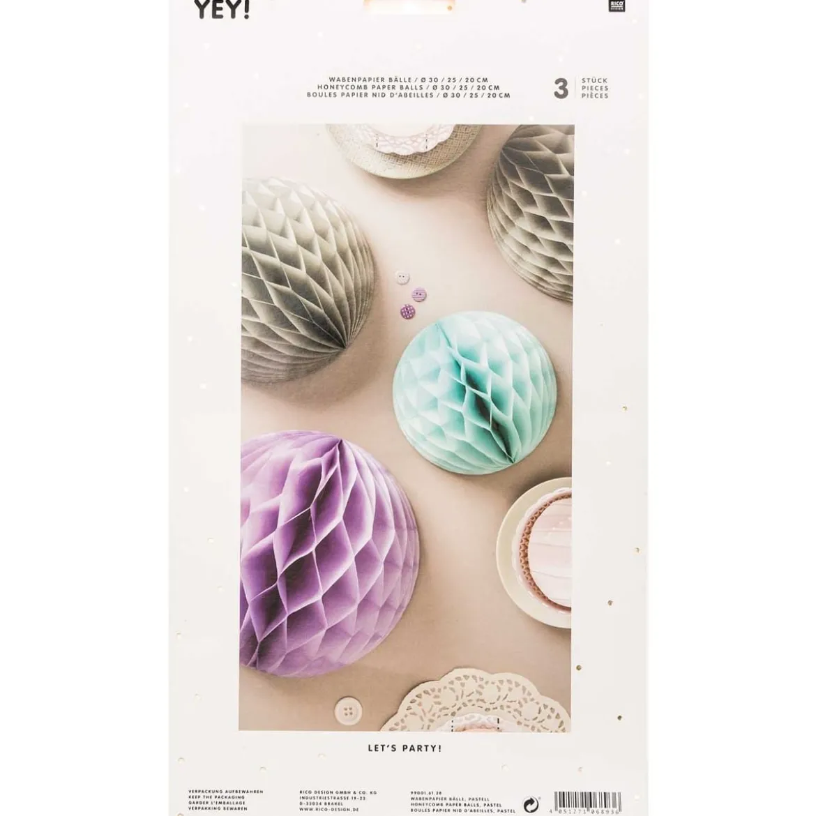Wabenpapier Bälle Pastell in lila, mint und grau von Rico Design im 3er Set