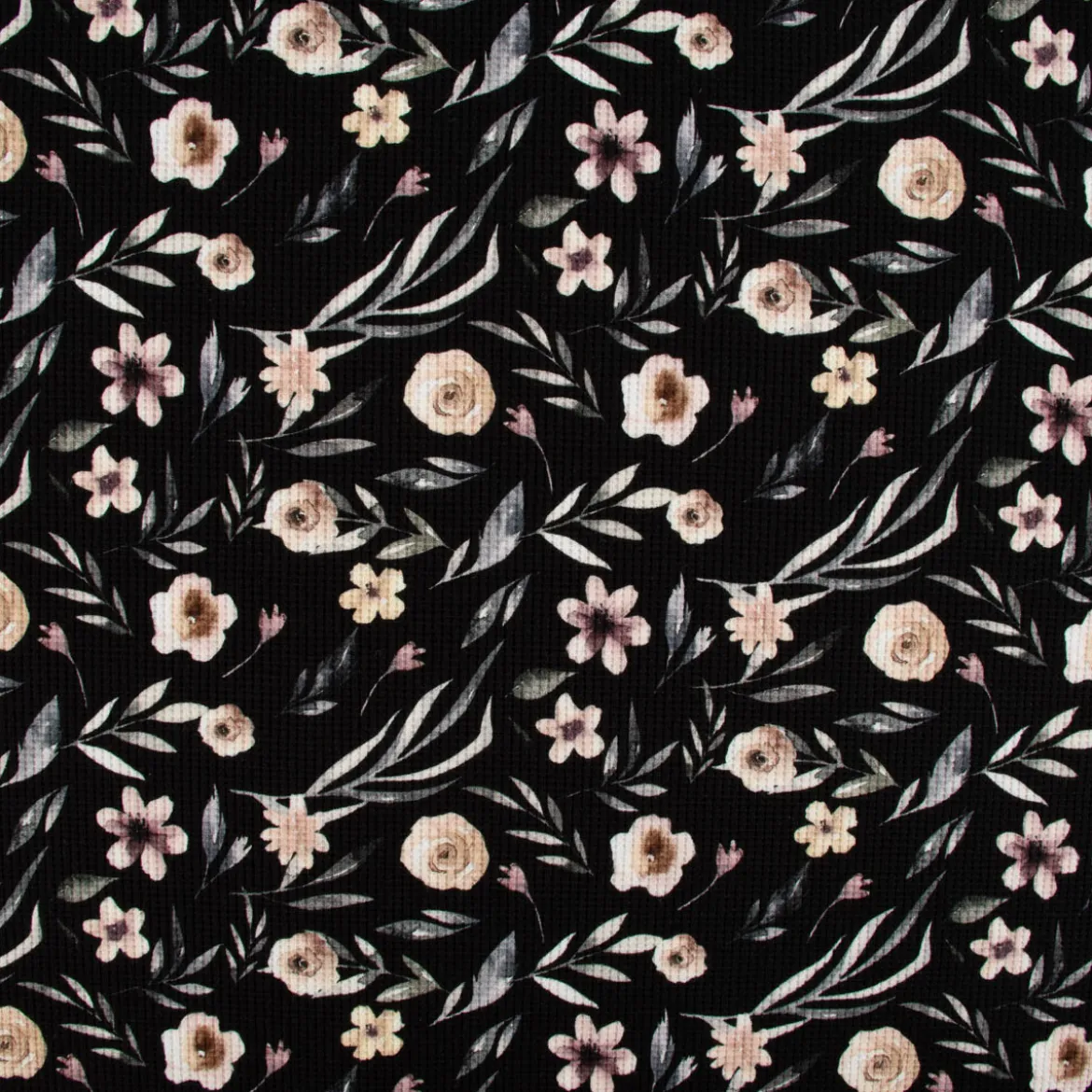 Waffeljersey Waffelstrick Digitaldruck Aquarell Blumen Blätter schwarz beige grün grau 1,45m Breite