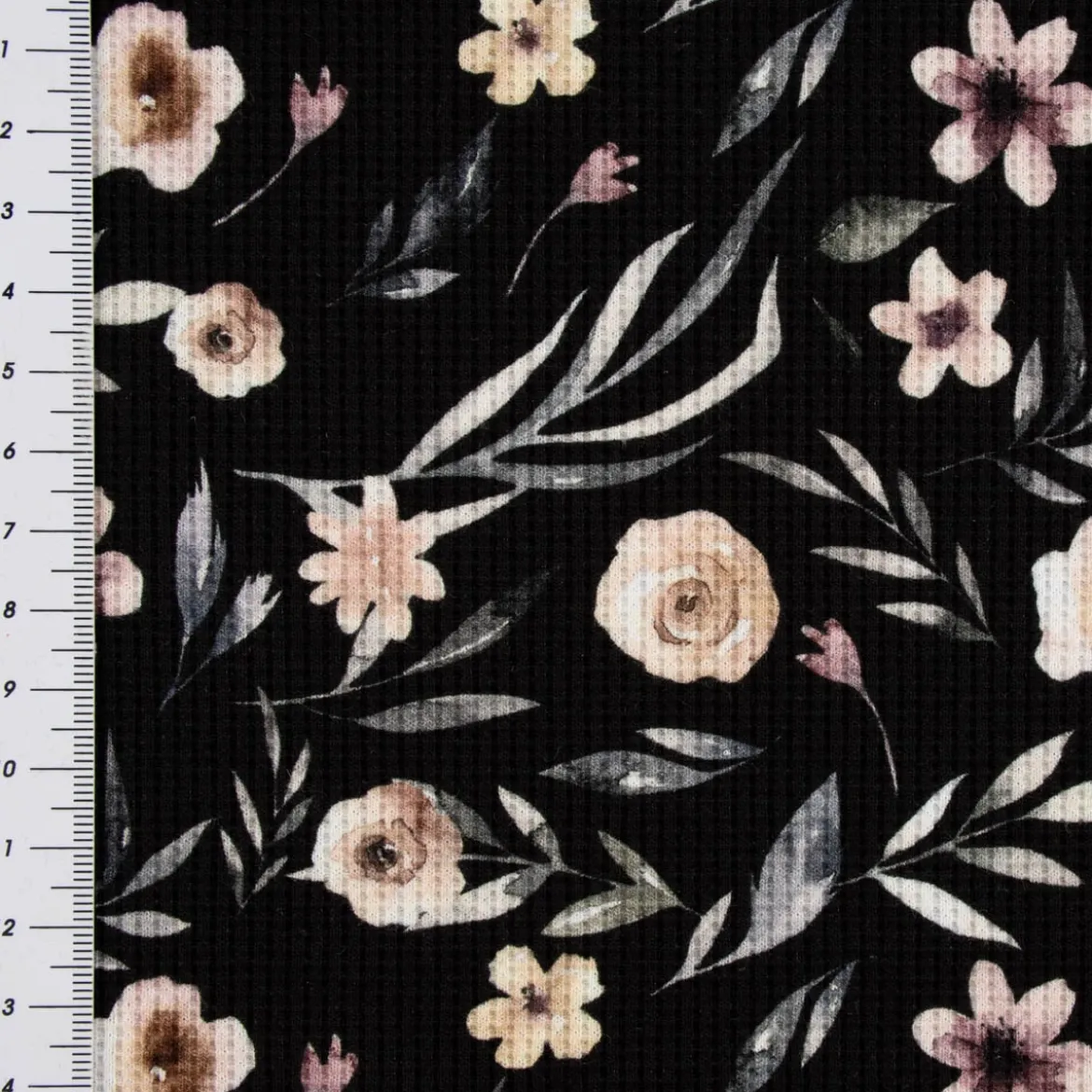 Waffeljersey Waffelstrick Digitaldruck Aquarell Blumen Blätter schwarz beige grün grau 1,45m Breite