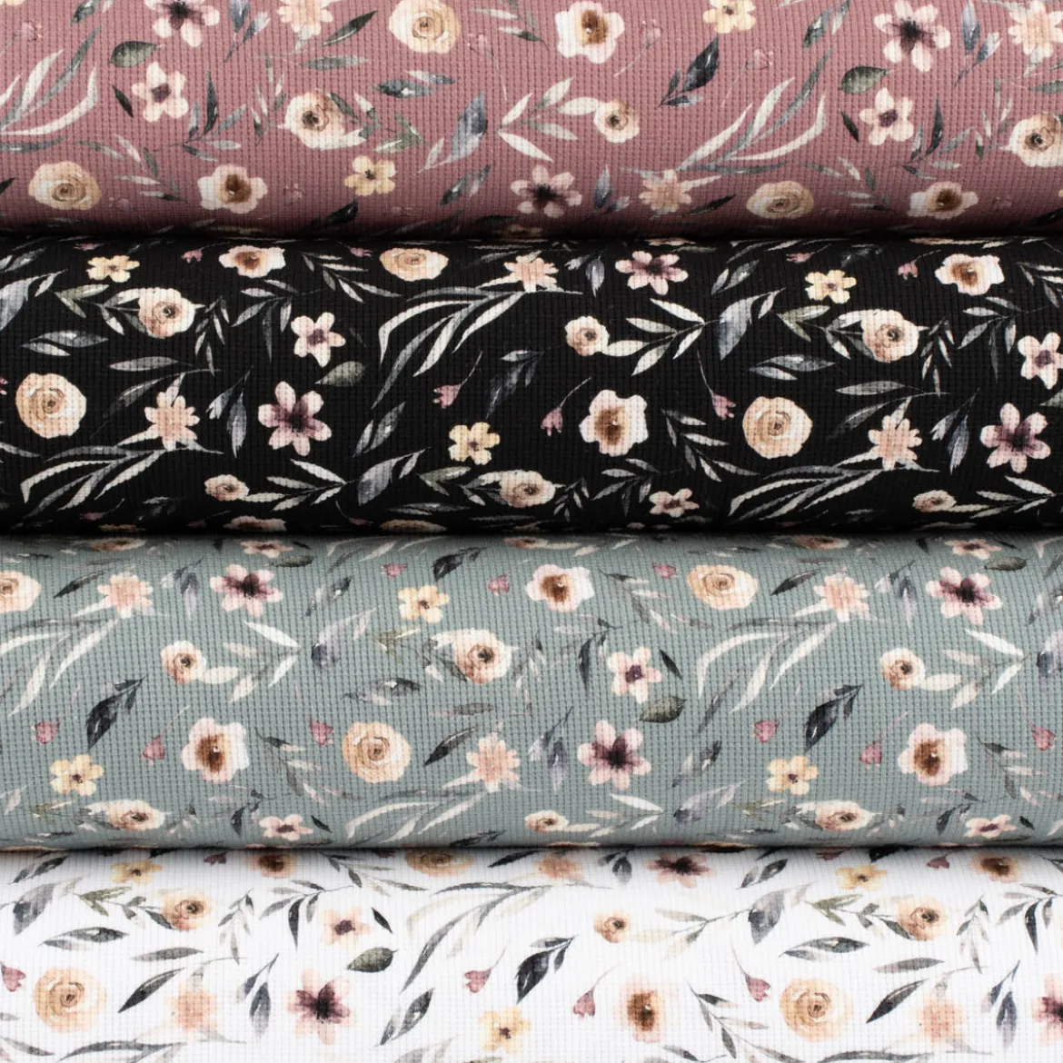 Waffeljersey Waffelstrick Digitaldruck Aquarell Blumen Blätter schwarz beige grün grau 1,45m Breite