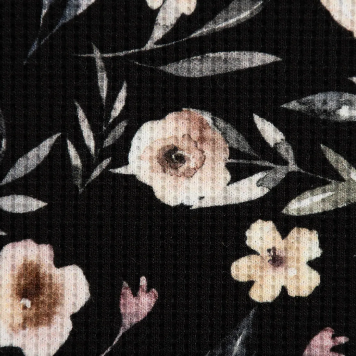 Waffeljersey Waffelstrick Digitaldruck Aquarell Blumen Blätter schwarz beige grün grau 1,45m Breite