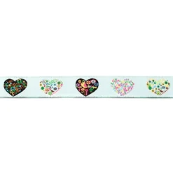 Webband Herzen Blumen Vogel hellblau bunt Meterware Breite: 1,5cm
