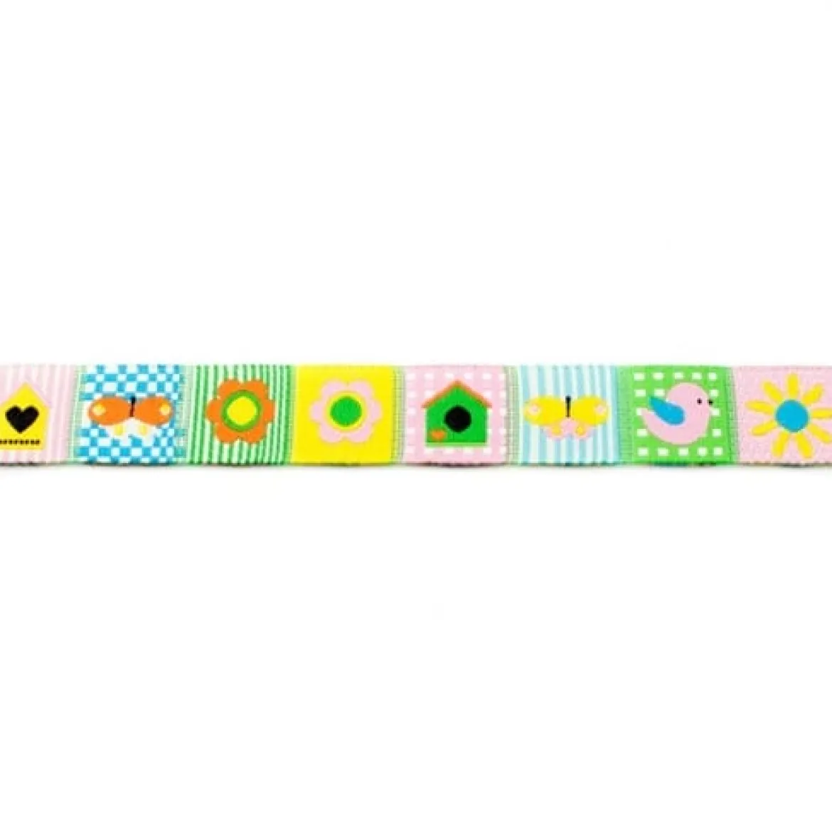 Webband Vogel Schmetterling Blume Quadrate bunt Meterware Breite: 1,6cm