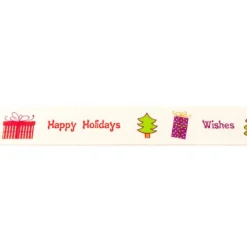 Webband Weihnachten Happy Holidays Geschenk Tannenbaum natur bunt Meterware Breite: 1,5cm