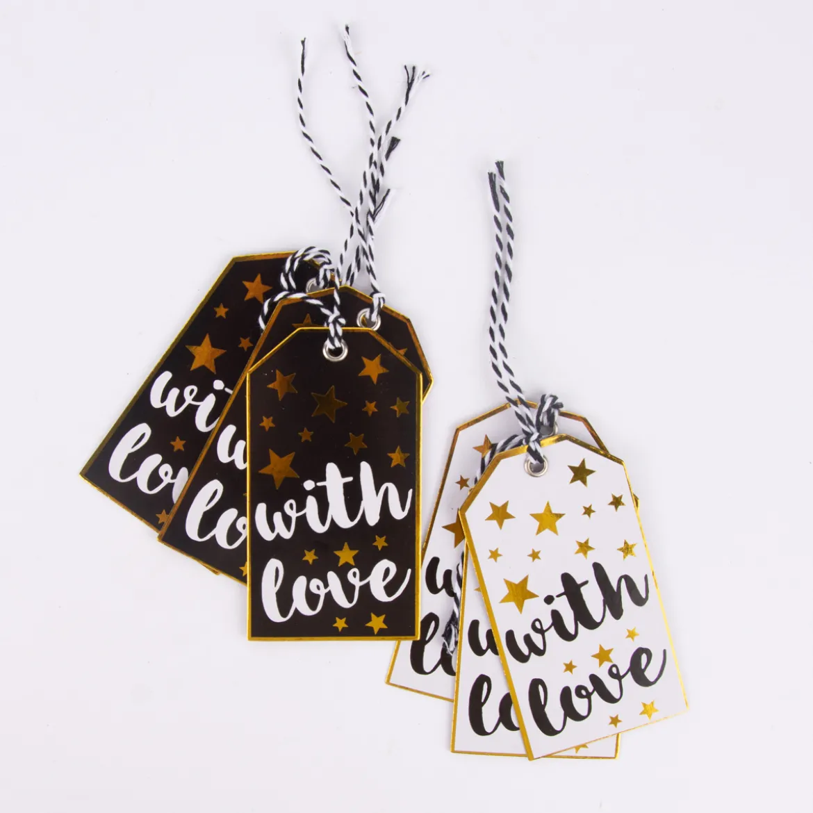 Weihnachten Geschenkanhänger with love 6 Stück schwarz weiß goldfarbig 5x9cm