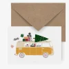 Weihnachtskarte Driving home for Christmas Retrobus weiß gelb bunt 10,5x14,8cm