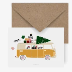 Weihnachtskarte Driving home for Christmas Retrobus weiß gelb bunt 10,5x14,8cm