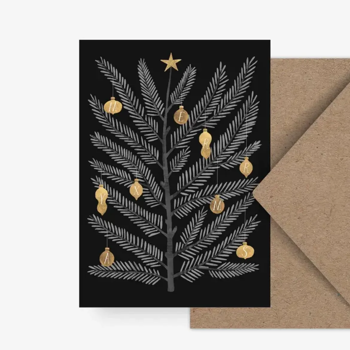 Weihnachtskarte Tannenzweig Merry X-Mas schwarz weiß 10,5x14,8cm