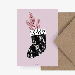 Weihnachtskarte Weihnachtssocke Zweig rosa schwarz weiß 10,5x14,8cm