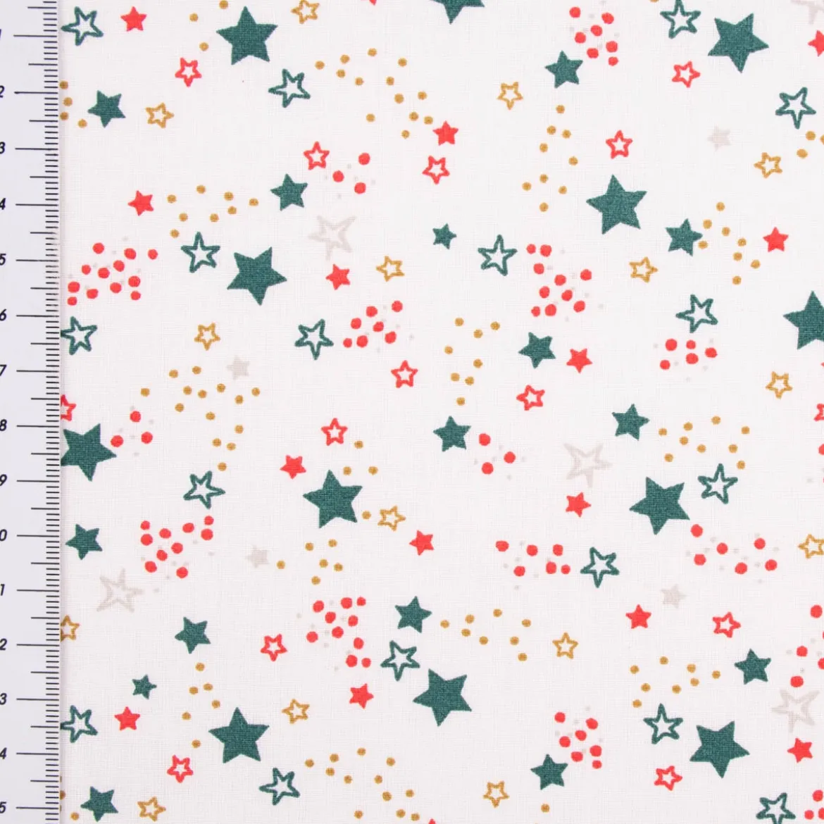 Weihnachtsstoff Baumwollstoff Webware Lyra Sterne weiß rot grün goldfarbig 1,47m Breite