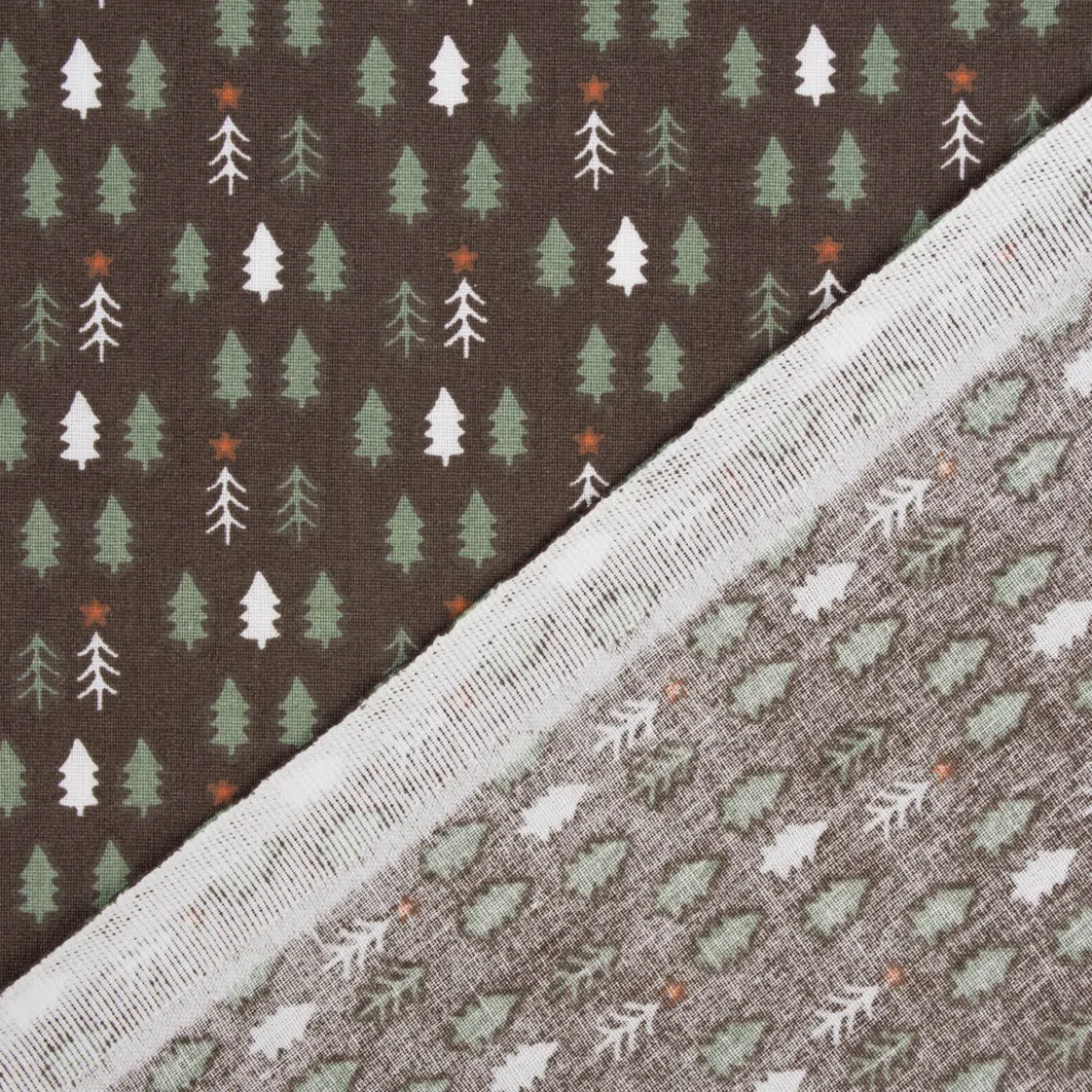 Weihnachtsstoff Baumwollstoff Webware Tsugneg Tannenbäumchen braun grün 1,47m Breite