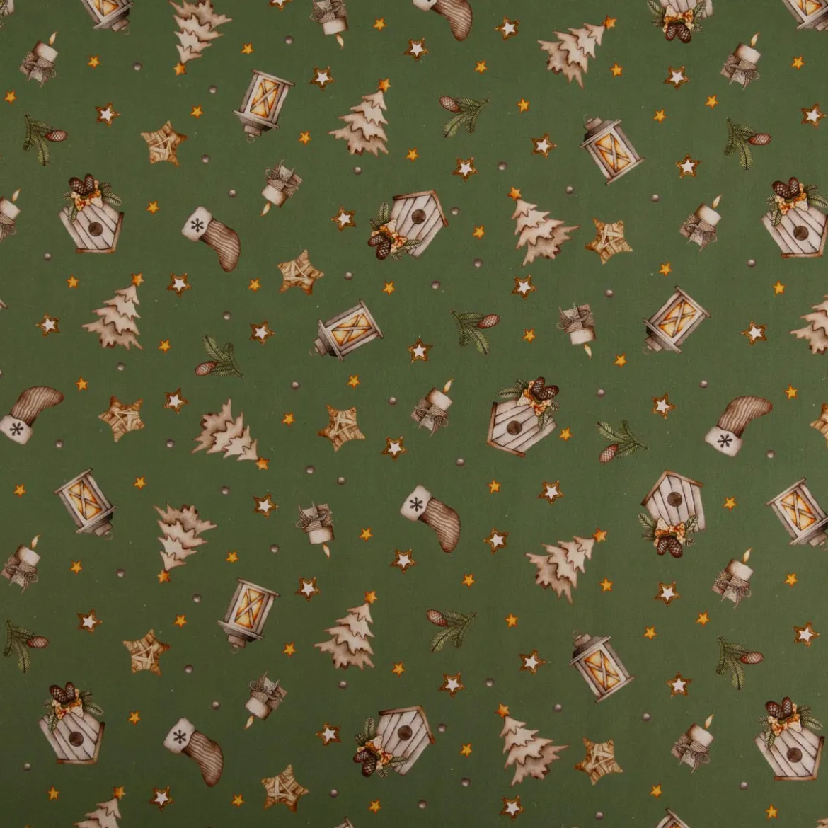 Weihnachtsstoff Baumwollstoff Popeline Allover Weihnachtsmotive grün beige 1,45m Breite