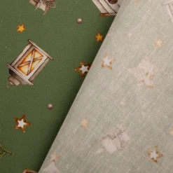 Weihnachtsstoff Baumwollstoff Popeline Allover Weihnachtsmotive grün beige 1,45m Breite