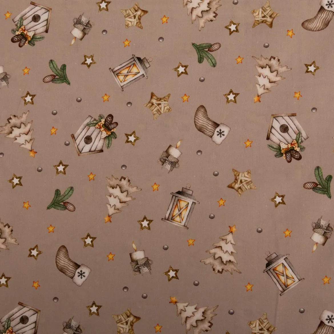 Weihnachtsstoff Baumwollstoff Popeline Allover Weihnachtsmotive beige 1,45m Breite
