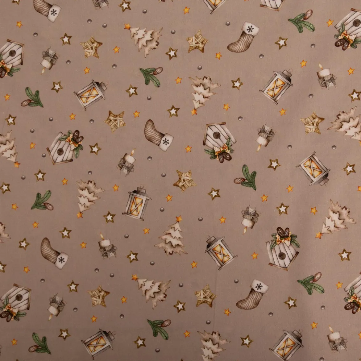 Weihnachtsstoff Baumwollstoff Popeline Allover Weihnachtsmotive beige 1,45m Breite