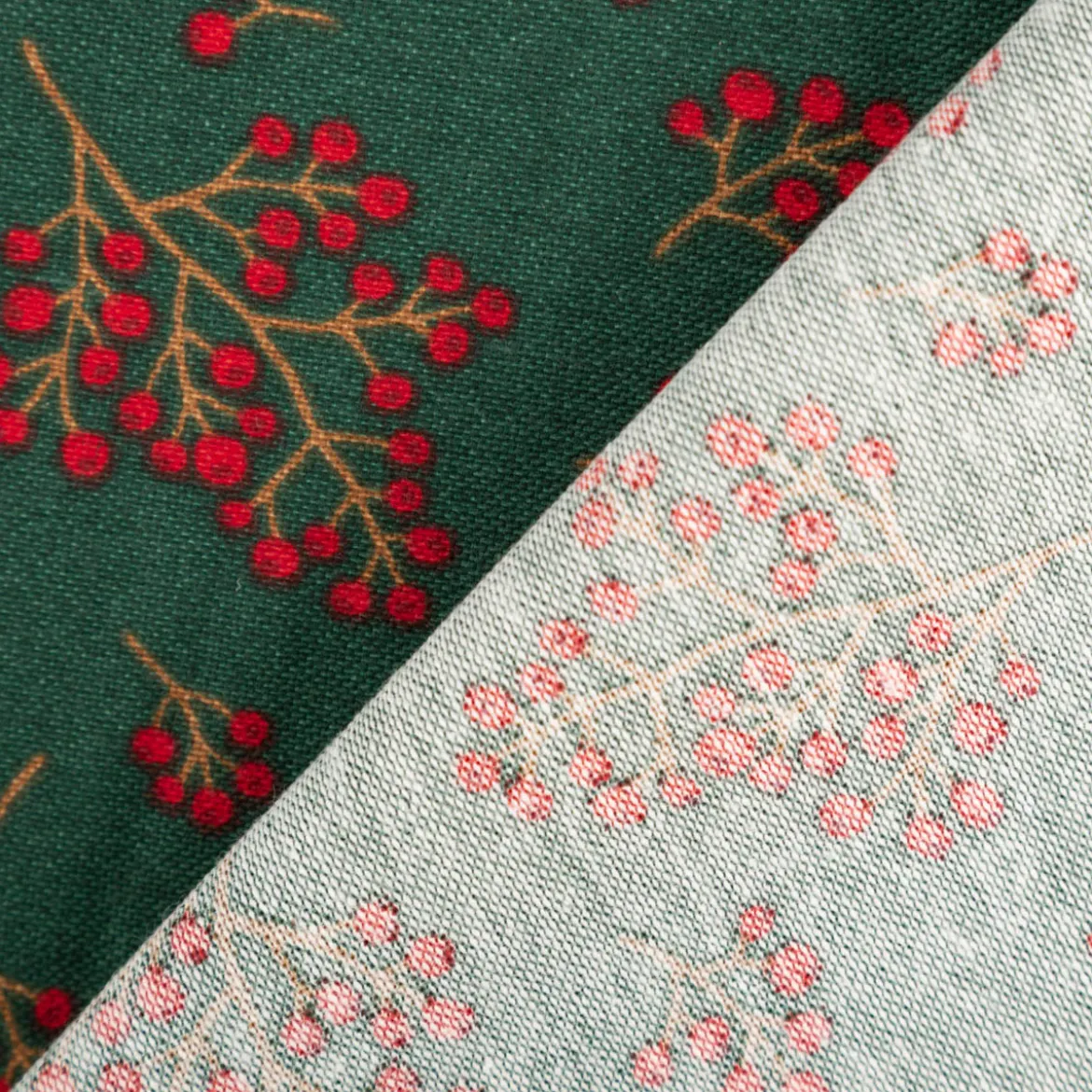 Weihnachtsstoff Dekostoff Halbpanama Winter Berry Bloom Beerenzweige dunkelgrün rot 1,40m Breite