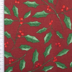 Weihnachtsstoff Dekostoff Halbpanama Holly Branch Stechpalme Zweige weinrot 1,40m Breite