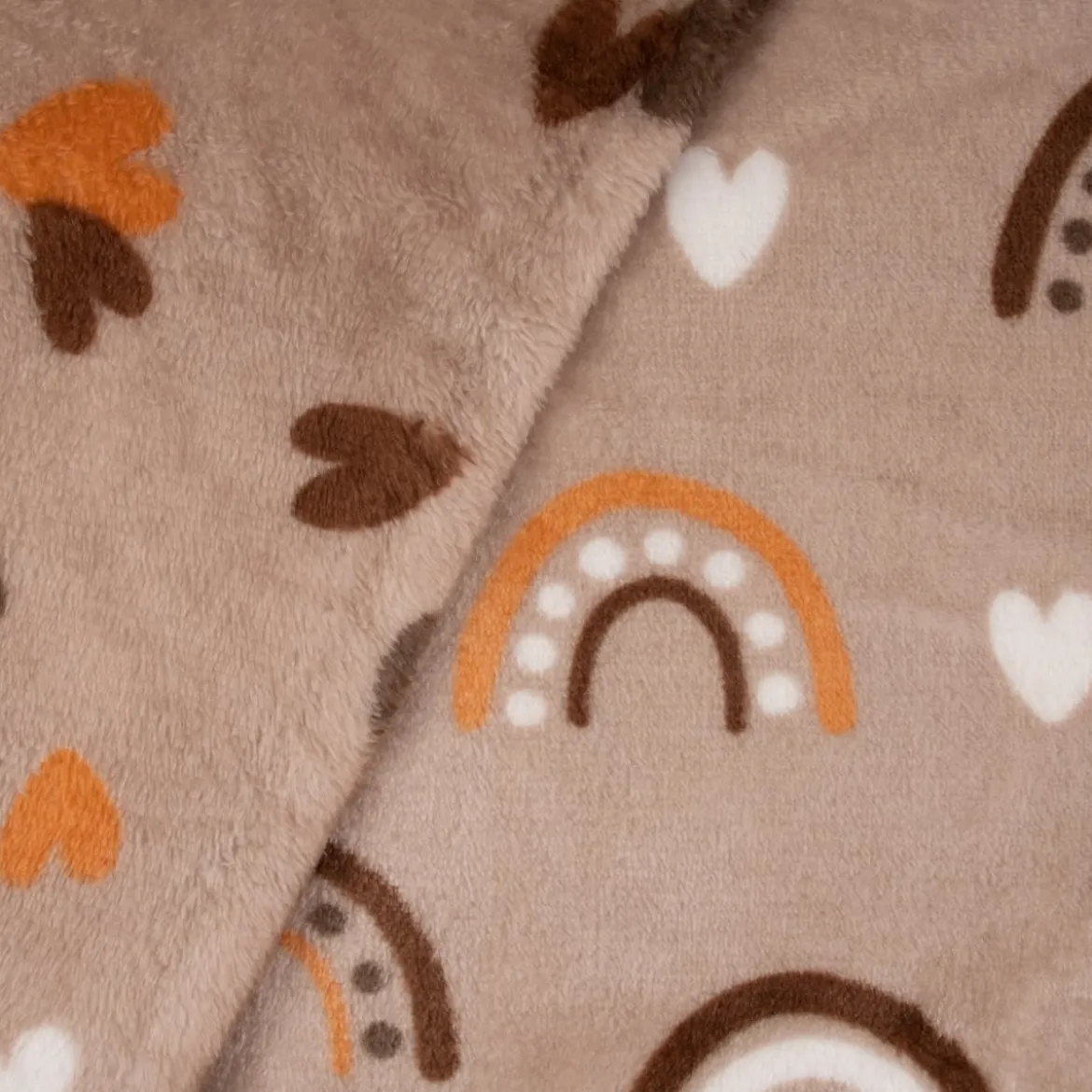 Wellness Fleece Doubleside Regenbogen Herzen Punkte taupe orange braun weiß 1,45m