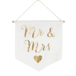 Wimpel Fahne Mr. & MRS cremefarbig goldfarbig 19x16cm