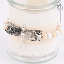 Windlicht mit Holzperlenkette und Insektenanhänger Glas Leinenstoff natur weiß 10x10cm verschiedene Varianten