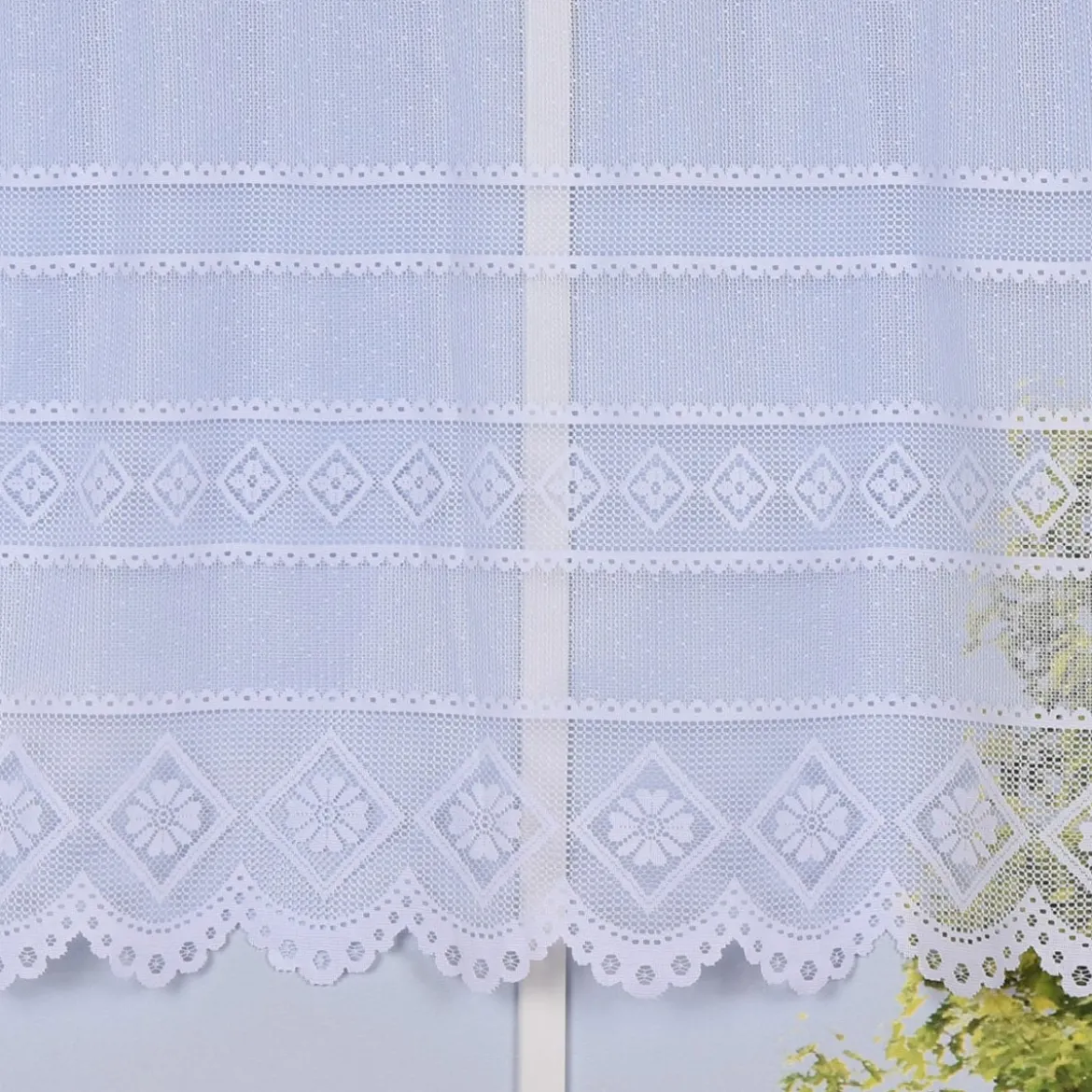 Wirk-Stores Wirk-Sockelstores Blumenfensterstores Gardinenstoff Wirkware transparent Blumen weiß 145cm Höhe
