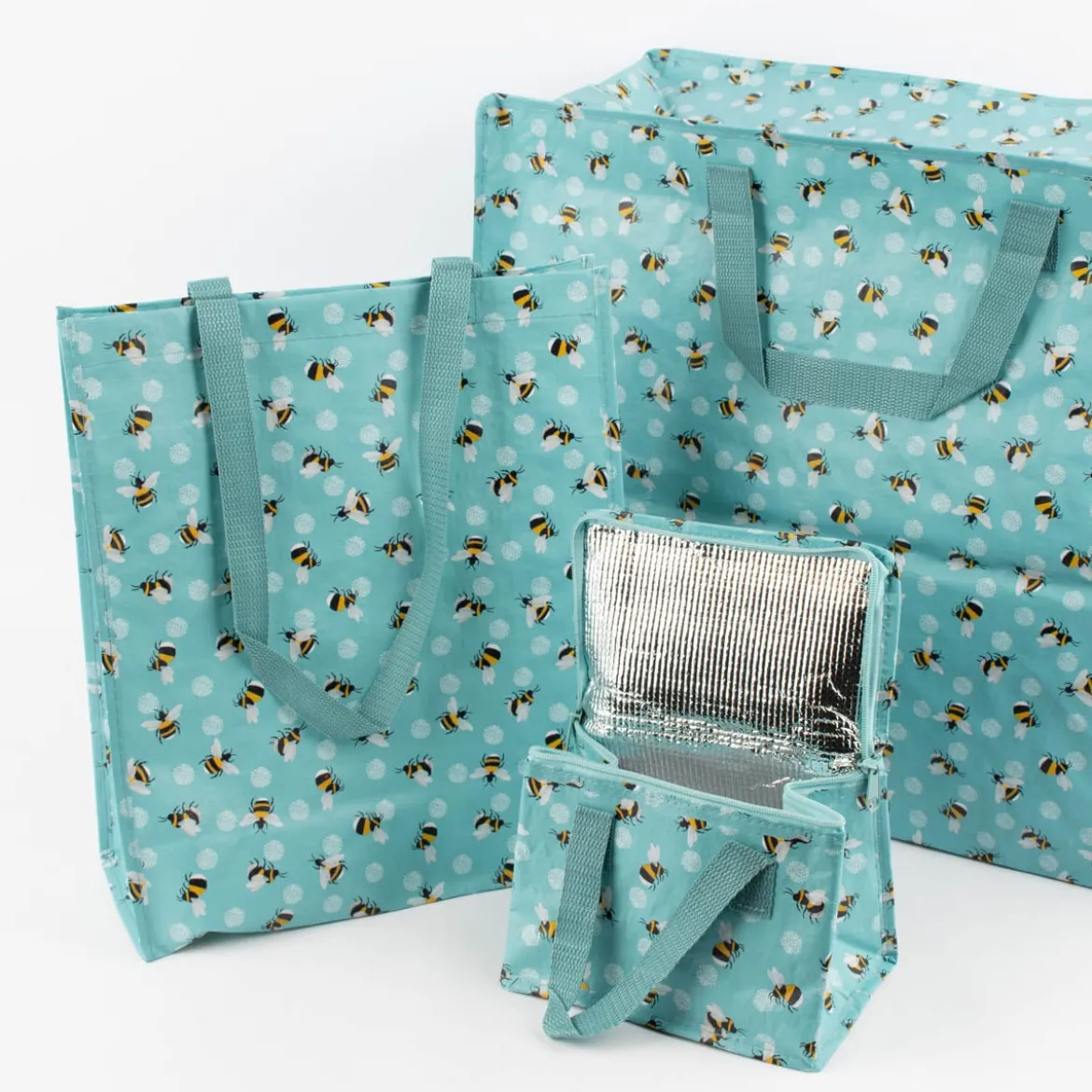 XXL Shopper Hummeln aus recyceltem Material hellblau weiß gelb schwarz 55x48x28cm